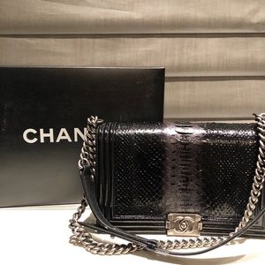 Chanel python patent boy bag black/silver stripe
